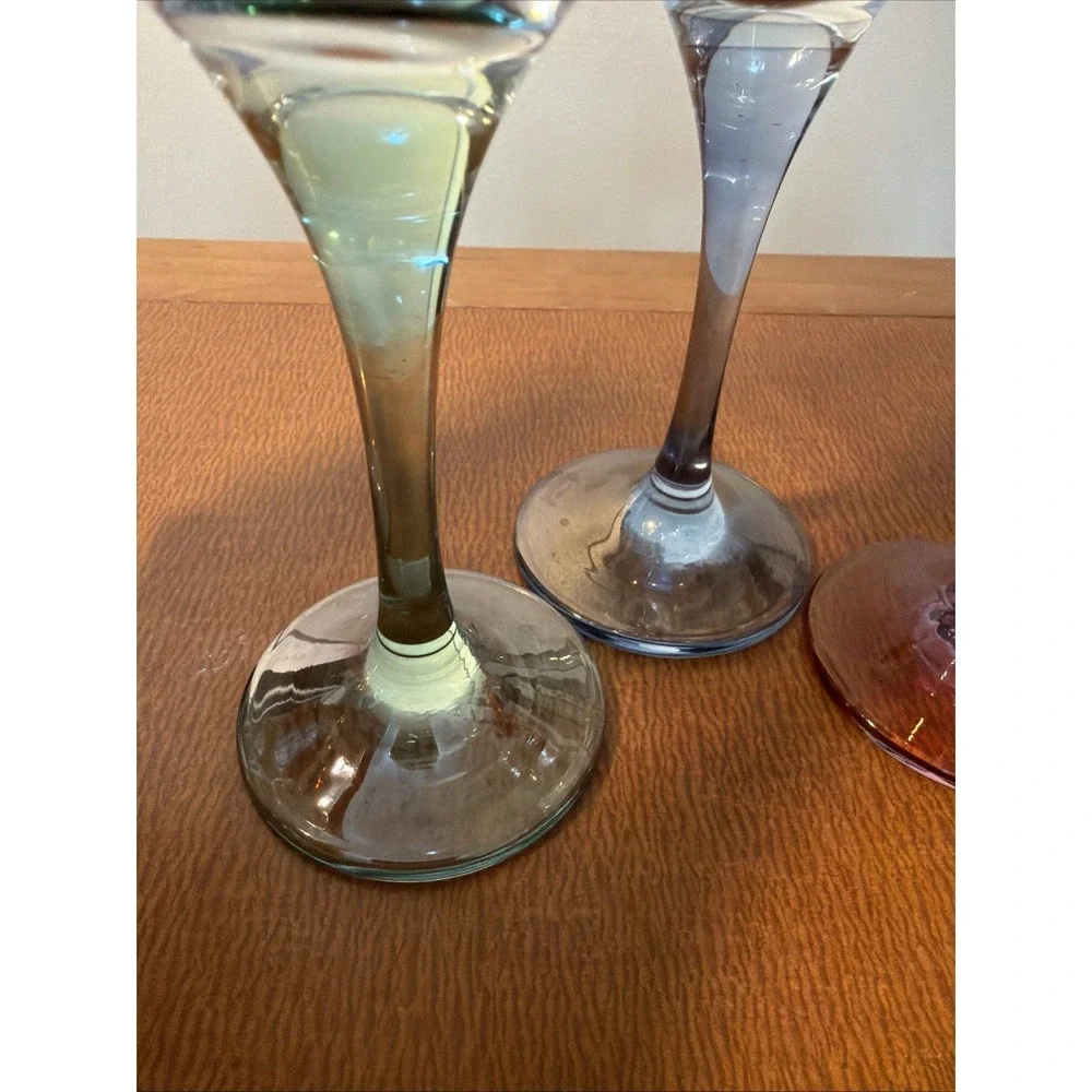 Vtg Champagne Toasting Flutes Colored Iridescent Stem Gold Trim Wedding Set Of 4